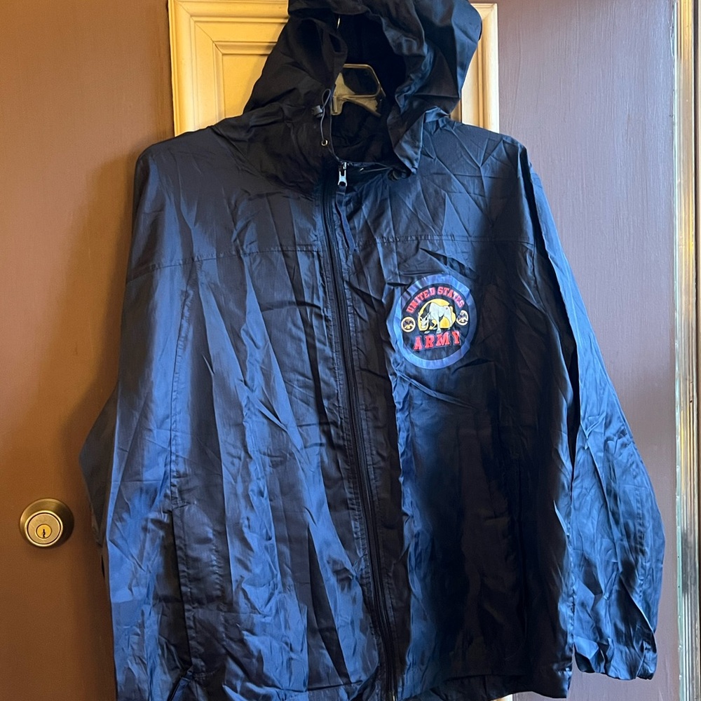 Vintage US Army Men’s Rain Jacket XL Navy Blue Hood Zip Up Rain Slicker Poly